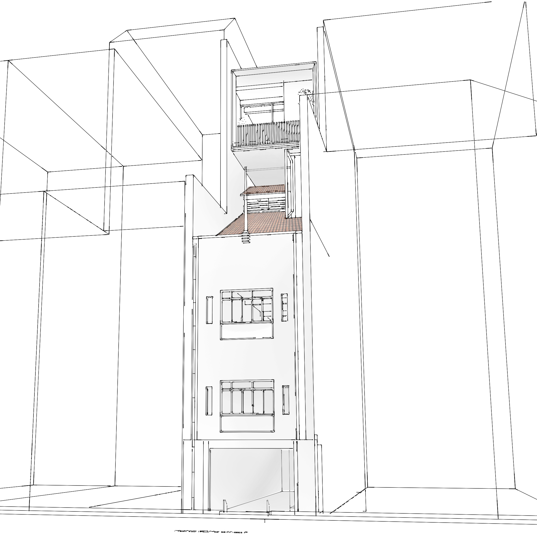 Sketch of the shophouse at Hong Kong street with a six-storey new annex addition